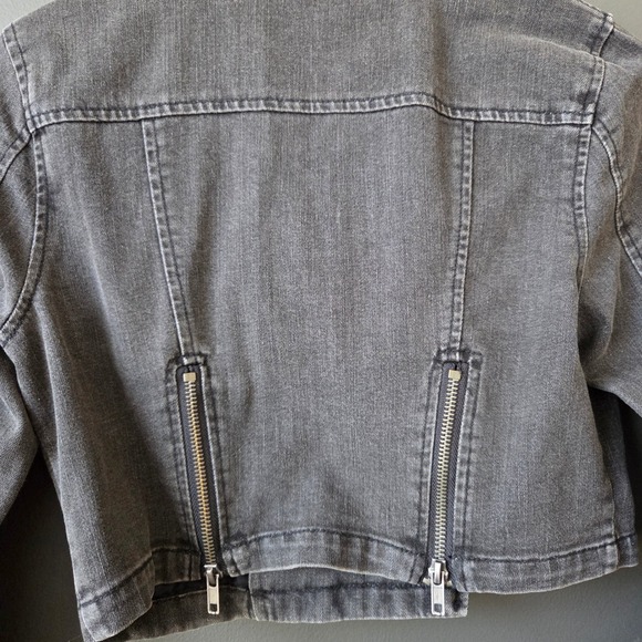 Free People Grey Washed Denim Cropped‎ Moto Jacket XS Asymmetical Zipper Grunge - Picture 5 of 7